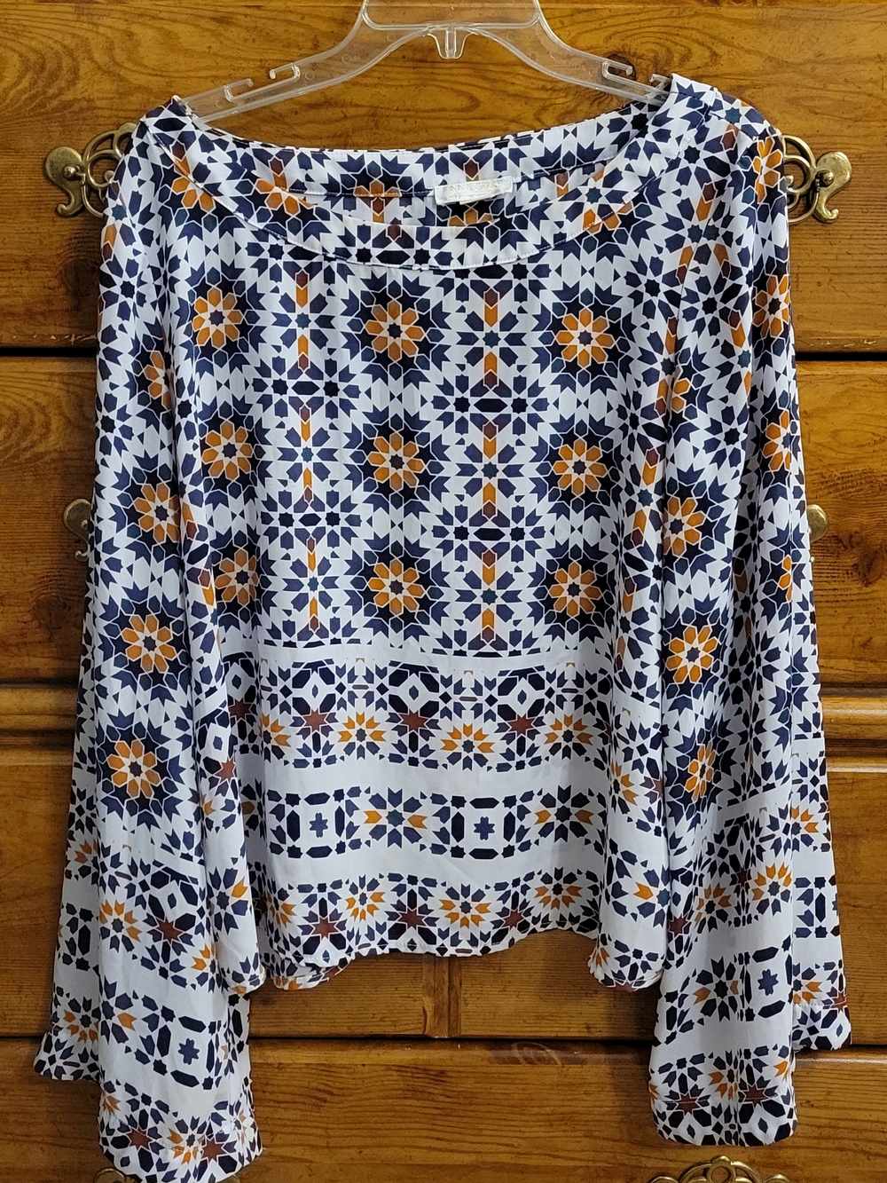 Finn & Grace Floral Tile Print Navy and Mustard Long-Sleeve Blouse